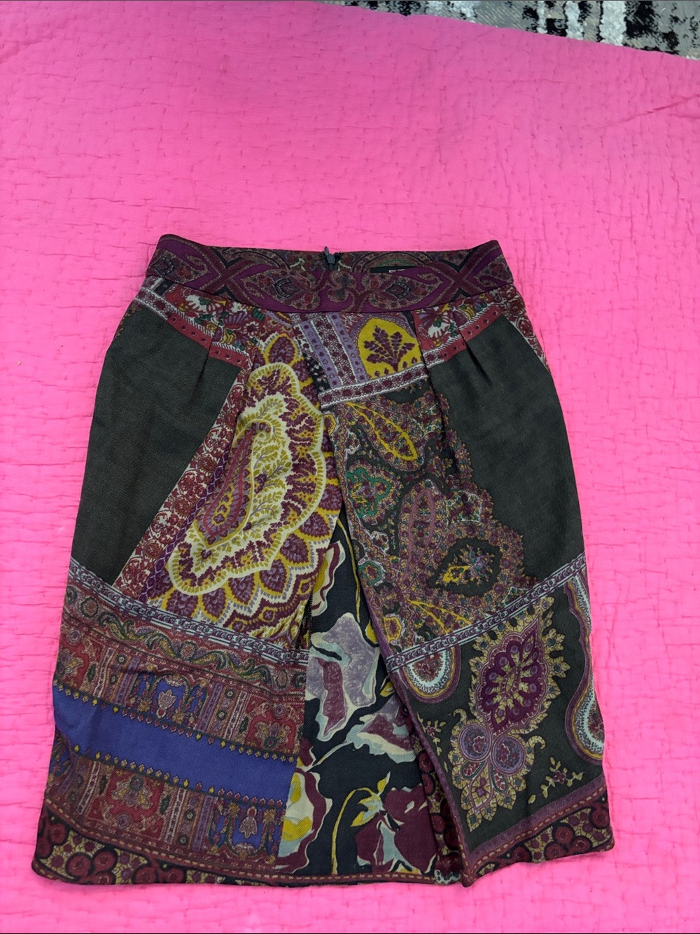 Etro Multicolor Patchwork wool Paisley Midi Skirt with Green Panels, US4